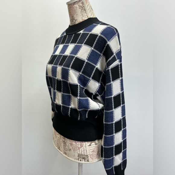 BOSS Blue and black check crew neck crop sweater size L - Picture 7 of 16